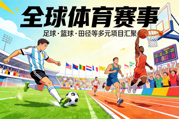 全球体育赛事概念图 - 足球、篮球、田径等多种运动项目汇聚的活力场景